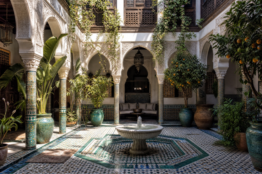A peaceful courtyard in a Moroccan riad, showcasing traditional architecture and vibrant tiles